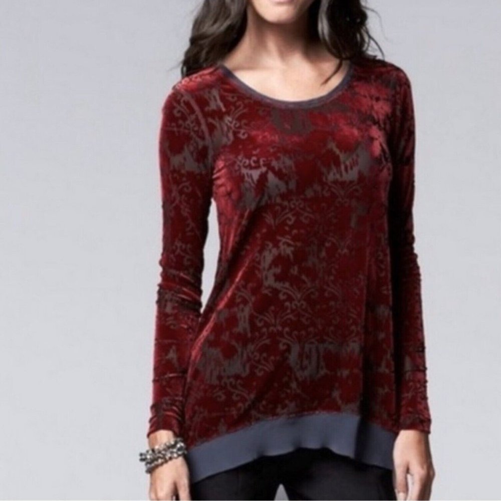 Simply Vera Vera Wang Red Burnout Sheer Velvet Top Blouse Size L Long Sleeve